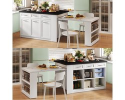 Re-purelife® Multifunctioneel Keukeneiland met Uitschuifbare Eettafel - Ruime Opbergkasten en Lades - Hoogwaardig 3,5 cm Dik Werkblad - Moderne Keukentafel 96-150x90x90 cm - Wit & Zwart