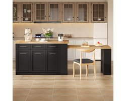 Re-purelife® Multifunctioneel Keukeneiland met Uitschuifbare Eettafel - Ruime Opbergkasten en Lades - Hoogwaardig 3,5 cm Dik Werkblad - Moderne Keukentafel 96-150x90x90 cm - Zwart & Natuur