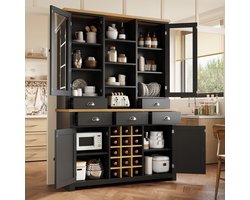 Re-purelife® multifunctionele hoge kast 120×40×180 cm - zwart modern keukenkast/buffetkast met glazen deur, 5 lades, uitneembaar wijnrek, soft-close en kantelbeveiliging - voorraadkast/vitrinekast woonkamer