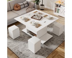 Re-purelife® Multifunctionele Salontafel als Eettafel of Bureau - Inklapbaar en Verstelbaar Blad - Met 4 Stoelen en Rollen - 100x100x48-64.5 cm - Wit