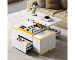 Re-purelife® Multifunctionele Tafel - Uitklapbaar & Verstelbaar - Met 4 Opbergkrukken - 2-in-1 Meubel Salontafel & Eetkamertafel - Moderne & Stijlvolle Salontafel - Woonkamer Tafel Set - 100 x 50 x 43 cm - Wit