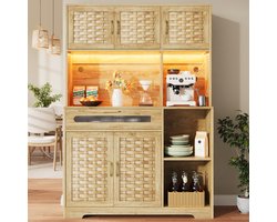 Re-purelife® Natuur Hoge Kast met Veel Opbergruimte voor Woonkamer - Moderne Grote Keukenkast met LED Verlichting en Glasdeuren - App Gestuurde Lichtstrip met Muziekfunctie - 120x40x180 cm