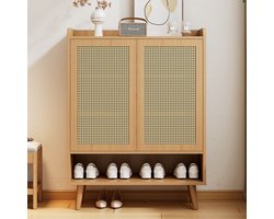 Re-purelife® Natuur Rotan Schoenenkast met 2 Deuren en 5 Planken - Landelijke Stijl met Push-to-Open Mechanisme - Opbergkast met Massief Houten Poten 80x35x105 cm voor Hal