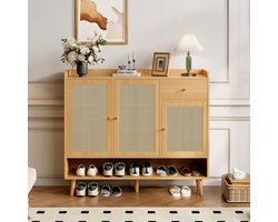 Re-purelife® Natuur Rotan Schoenenkast met 3 Deuren en 1 Lade - Landelijke Opbergkast met 5 Planken en Metalen Handgrepen - Opbergkast met Massief Houten Poten 120x35x106 cm voor Hal