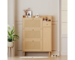Re-purelife® Natuur Rotan Schoenenkast met 3 Klepdeuren en 1 Lade - Smalle Opbergkast met Massief Houten Poten - Space Saving Meubel voor de Hal 90x17x125 cm