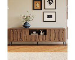 Re-purelife® Natuur TV Meubel - TV Kast Met Golfdeur Design & Metal Poten - Modern Lowboard 160x35x46 cm - Opbergkast met Kabelmanagement - Woonkamer Meubel