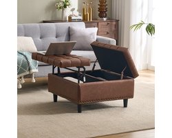 Re-purelife® Opbergbank met Opklapbaar Zitvlak - Salontafel met Dubbele Opbergruimte - Stevig Frame - Geschikt voor Woonkamer en Slaapkamer - Modern Compact Vierkant Design - 75x75x41 cm - Hoogwaardig PU Leather - Bruin