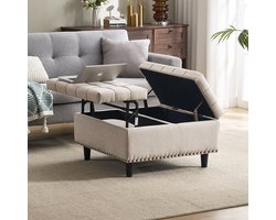 Re-purelife® Opbergbank met Opklapbaar Zitvlak - Salontafel met Dubbele Opbergruimte - Stevig Frame - Geschikt voor Woonkamer en Slaapkamer - Modern Compact Vierkant Design 75x75x41 cm - Linnen Bekleding - Beige