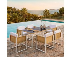 Re-purelife® Polyrattan tuinset 7-delig 6 personen - tuintafel met 6 stoelen - gehard glas - afneembare wasbare hoezen - bruin/wit