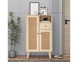 Re-purelife® Re-purelife® Opbergkast - Dressoir/Keukenkast - Smal Opbergmeubel voor Kleine Ruimtes - Natuurlijke Eikenlook met Rattan Accenten - 60 x 40 x 120 cm