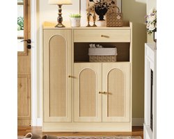 Re-purelife® Rotan schoenenkast/opbergkast met 3 deuren, 1 lade en verstelbare planken - naturel hout - natuurlijke uitstraling met praktische opbergruimte - kast voor de hal, entree, eetkamer, woonkamer, slaapkamer of keuken -90 × 35 × 110 cm