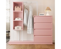 Re-purelife® Roze Garderobe Kast met Klerenrail en 4 Lades - Opbergmeubel met 3 Open Planken - Kinderkamer Kledingkast 140x40x135 cm - Meisjes Slaapkamer Meubilair