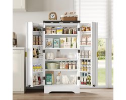 Re-purelife® Ruime Keukenkast met LED Sensor Verlichting - Dubbele Deuren met Gouden Handgrepen - 2 Verstelbare Schappen en Deur Rekken - 60.5x40x120 cm - voor Keuken, Woonkamer of Berging - Wit