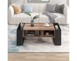 Re-purelife® Salontafel met Grote Opbergruimte – Houtlook – Zwarte & Grijze Tafel met Lade, Open Vakken en Dubbelzijdige Opbergvakken – Woonkamer Tafel – 111x60x40 cm