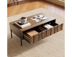 Re-purelife® Salontafel met Opbergruimte Golfvorm Laden - Stevige Metal Poten - Woonkamertafel 105x55x41 cm - Vintage Design Natuur Kleur