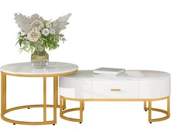 Re-purelife® Salontafel Set van 2 met Opbergruimte - Wit Marmer Look - Goud Kleurig Metalen Frame - Grote Tafel 100x48x38,5 cm - Kleine Tafel 70x70x44,5 cm - Moderne Woonkamertafels - Nestelbaar Design