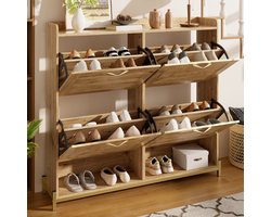 Re-purelife® Schoenenkast met Houten Latten Deuren - Landelijk en Modern Design - Smalle Hoge Opbergkast - Multifunctioneel Kastje voor Hal of Gang - 108.5x24x100 cm - Natuurlijk Houtlook