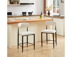 Re-purelife® Set van 2 Barkrukken Hoge Zit - Beige Stoff Zitting - Zwart Frame - Ergonomische Rugleuning -Barstoelen voor Keukeneiland & Bar - Franse Landhuis Stijl - Robuuste constructie