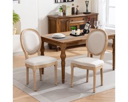 Re-purelife® Set van 2 Franse Eetkamerstoelen - Zachte Linnen Stoffen Zitting - Massief Houten Frame - Antieke Afwerking - Ronde Rugleuning - Beige