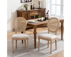 Re-purelife® Set van 2 Franse Eetkamerstoelen - Zachte Stof Zitting & Rieten Rugleuning - Massief Houten Frame - Antieke Look - Woonkamer of Keuken Meubel - Beige
