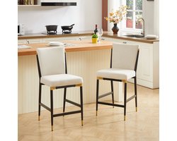 Re-purelife® Set van 2 Scandinavische Barkrukken - Beige Stoff - Zwart Frame met Gouden Accenten & Rechthoekige Voetsteun - Barstoelen voor Keukeneiland en Bar
