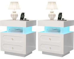 Re-purelife® Set van 2 Witte Nachtkastjes met LED Verlichting - Bedside Tafels met Lade en 3 Kleurtemperaturen - Slaapkamer Meubels 50x40x60 cm