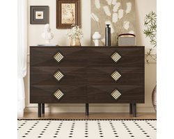 Re-purelife® Sideboard met 6 Lades en Speciale Rotan Handgrepen - Dressior 120x40x74 cm met Kabeldoorvoer - Moderne Ladekast voor Slaapkamer - Notenhout Kleur
