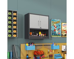 Re-purelife® Steel Home Collectie Wand Opbergkast van Zeer Stevig Metaal met Inclusief Slot - Zwart/Grijze Muurkast met Vergrendelbare Deuren - Verstelbare Planken & Open Vak - Compact Opbergmeubel 75x30x77 cm