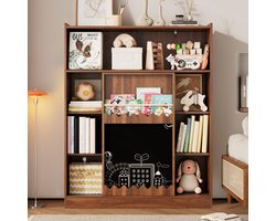 Re-purelife® Stevige Boekenkast met Schoolbord & Boekenstandaard - Hoge Boekenplank - 9 Vakken & Schuifdeur 120x38.5x151.5 cm - Kinderkamer/Woonkamer/Studeerhoek Kast met Anti-Kip Beveiliging - Walnoot Kleur