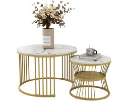 Re-purelife® Stevige&Moderne Nesting Salontafel Set, 2-delig Ronde Bijzettafels Ø70 & 45 cm - Marmer Look&Gouden Metal Frame - Ruimtebesparend Stapelbaar - Nachtkastjes & Serveertafels - Woonkamer, Slaapkamer, Balkon, Kantoor, Kleine ruimtes - Wit