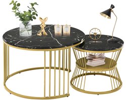 Re-purelife® Stevige&Moderne Nesting Salontafel Set, 2-delig Ronde Bijzettafels Ø70 & 45 cm - Marmer Look&Gouden Metal Frame - Ruimtebesparend Stapelbaar - Nachtkastjes & Serveertafels - Woonkamer, Slaapkamer, Balkon, Kantoor, Kleine ruimtes - Zwart