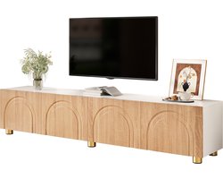 Re-purelife® Stijlvol en modern tv-meubel 180×35×40 cm - Groot lowboard met 4 deuren en boogreliëf - Stevige opbergkast op metalen poten in naturel en wit - woonkamer kast TV Kast met opbergruimte