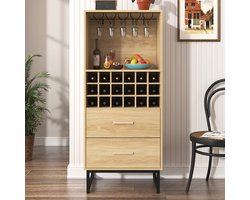 Re-purelife® Stijlvolle Wijnkast Houtlook 60x39,5x141 cm – Sideboard met 18 Vakken, Glazenhouder & 2 Lades – Mat Zwarte Metalen Poten – Industrieel Design voor Woonkamer of Eetkamer