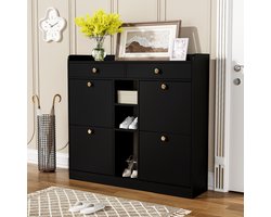 Re-purelife® Stijlvolle Zwarte Schoenenkast 110×26×100 cm - Smalle Opbergkast met 4 Klepdeuren, 2 Laden en 3 Open Vakken voor Hal en Entree
