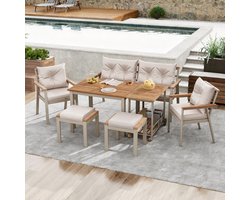 Re-purelife® tuinmeubelset van acaciahout met eettafel, 2 fauteuils, 2 hockers, 2-zitsbank en verrijdbare serveerwagen - 6-7 personen - afneembare wasbare beige hoes - naturel