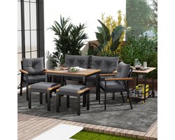 Re-purelife® tuinset 6-7 personen van acaciahout - tuintafel met stoelen, 2 fauteuils, 2 hockers, 2-zitsbank en verrijdbare serveerwagen - afneembare wasbare kussenhoezen - zwart/grijs/naturel - 170×80×75 cm
