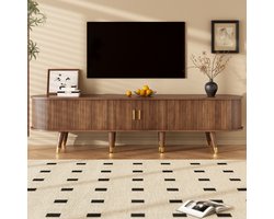 Re-purelife® TV Meubel 175*38*45 cm Walnootkleur – Landelijke Stijl met Rotan Schuifdeur – TV Kast met Lades, Vakken & Gouden Poten – Natuurlijk & Stevig