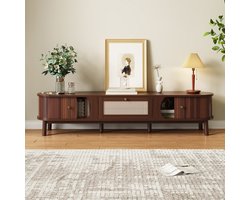 Re-purelife® TV Meubel in Natuurlook met Rattan Laden - Massief Houten Deuren & Poten - Robuuste TV Kast/Lowboard 170x39,5x38 cm - Woonkamer Opbergkast Rustiek Design - Warme Walnootbruine Houtnerf