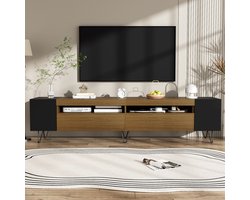 Re-purelife® TV Meubel met Modern Zwart & Hout Design - TV Kast/Lowboard met veel Opbergruimte - Opbergkast 180x36x43 cm - Woonkamer Meubel met Metal Poten & Overzichtelijke Media-organisatie