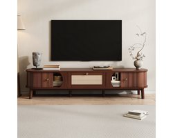 Re-purelife® TV Meubel Modern Notenhout & Rotan - TV Kast met Opbergruimte - Landelijk Lowboard/Mediakast 170x39.5x38 cm - Opbergkast met Massief Houten Poten Robuuste en Stabiele Constructie