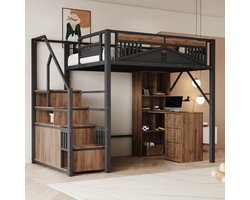 Re-purelife® Tweepersoons Hoogslaper 140x200 cm - Stapelbed met Metalen Frame & Trap met Opbergruimte - Veiligheidshek - Draagvermogen 120 kg - Zwart