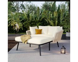 Re-purelife® tweepersoons ligbed voor tuin en terras - verstelbare outdoor lounge met dikke kussens en handgevlochten rugleuning - beige - 130*120*67 cm