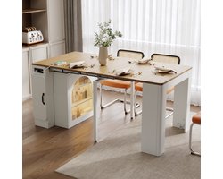 Re-purelife® Uitschuifbare Eettafel met LED & Stopcontact - Keukentafel / Keukenkast met Opbergruimte - 4-in-1 Multifunctioneel Meubel als Keukenkast, Sideboard, Bartafel en Eettafel - 80*150*77 cm - Natuur & Wit