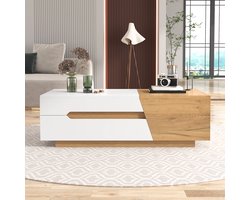 Re-purelife® Uitschuifbare Koffietafel Naturel/Wit 120 cm - Salontafel met Schuifmechanisme & 2 Laden - Modern Design met Kleurblokken - Robuuste Woonkamer Tafel/Opbergtafel 120x50x37.5 cm