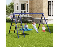 Re-purelife® Veilige & Stevige Schommelset Buiten – Staal – 3 Schommels + Klimrek + Basketbalring – Verstelbaar – Tuinspeeltoestel voor Meerdere Kinderen, Zomerplezier – 3-8 Jaar