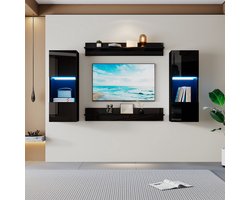 Re-purelife® Wandkast Set met LED – 2 Hoge Kasten & 2 Wandplanken – Hoogglans, Gehard Glas, App-bediening Verlichting – Opslag & Display – 40x29x105 cm Kasten + 100x18,5x20 cm Planken – Moderne Woonkamer TV Kast – Zwart