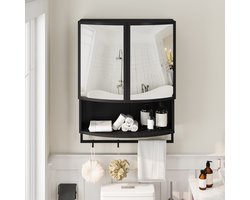 Re-purelife® Wandmeubel met Veel Opbergruimte Voor Badkamer en Entree - Modern Boogdeur Spiegel Kast - Gesloten & Open Opbergplanken - Met Handdoekrek - Metaal & Spiegel - 60*22.5*80 cm - Zwart