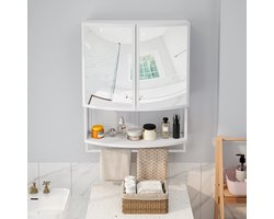 Re-purelife® Wandmeubel met Veel Opbergruimte Voor Badkamer en Entree - Modern Boogdeur Spiegel Kast - Gesloten & Open Opbergplanken - Met Handdoekrek - Metaal & Spiegel - 60*22.5*80 cm - Wit