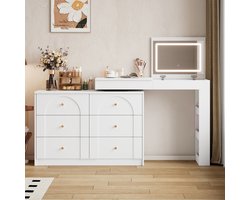 Re-purelife® Witte Kaptafel & Bureau 2-in-1 met 3 Lichttemperaturen LED Spiegel - Flexibele Draaibare Make-up Tafel met 7 Lades voor L- of Rechte Opstelling - Moderne Slaapkamer Meubel met Veel Opbergruimte 105x40x80 cm