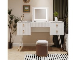 Re-purelife® Witte Kaptafel met LED Spiegel - Modern Make-up Tafel met 4 Laden & Gouden Poten - Inclusief Luxe Accessoires - Meerdere Opbergvakken - Stijlvol Ontwerp voor Slaapkamer - 120*45*121 cm, Zonder Stoel